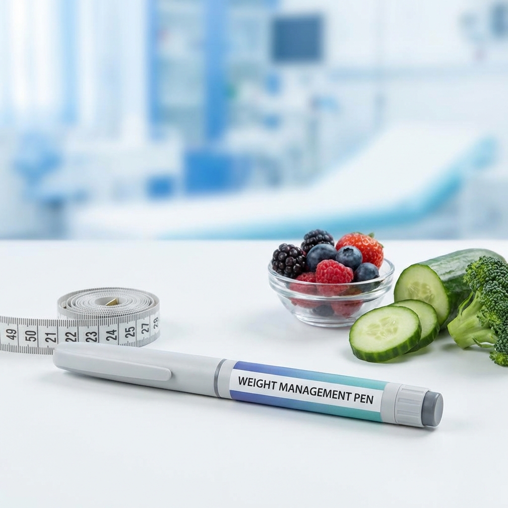 Saxenda weight loss injection pen with healthy foods